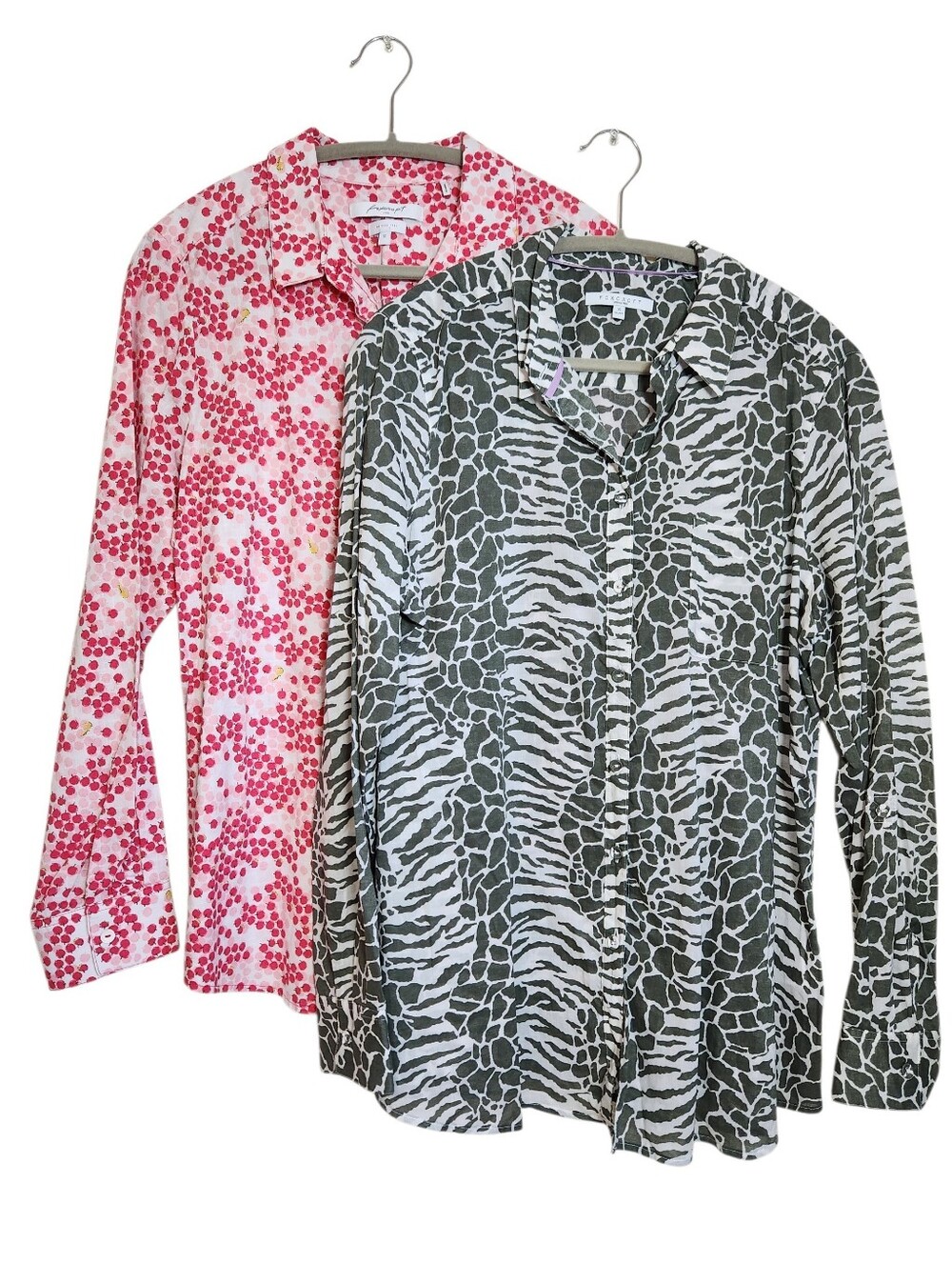 FOXCROFT 2pc Bundle Wrinkle Free Long Sleeve Button Up Sz 16 Apples Animal Print